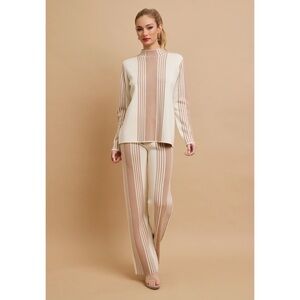 1158 • Soft Knit Mocha & Cream Vertical Stripe Long Sleeve Wide Leg 2 Piece Set